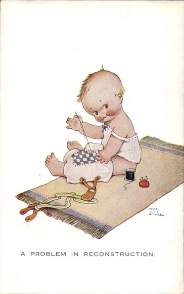 Künstler Ak Mabel Lucy Attwell, Kleinkind näht seine Hose