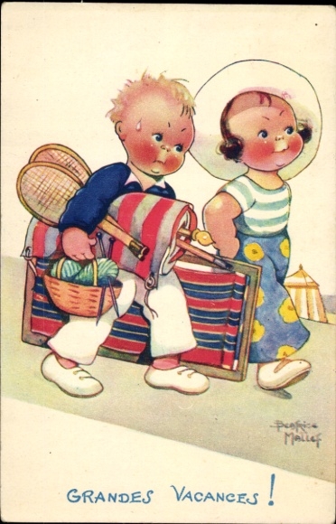 Artist Postcard Mallet, Beatrice, Grandes Vacances, Boy carrying luggage, tennis racket