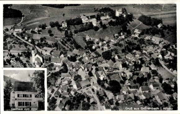 Postcard Bad Grönenbach in Allgäu, aerial view of Grönenbach, Gasthaus zum Adler, beautiful landscape