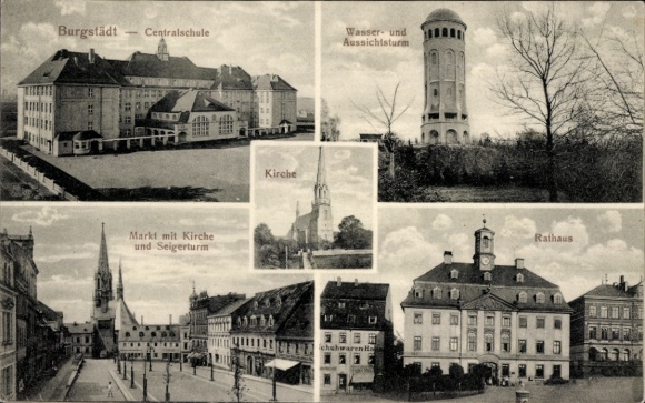 Ak Burgstädt in Sachsen, Burgstädt Centralschule, Wasser- und Aussichtsturm, Markt mit Kirche, Ra