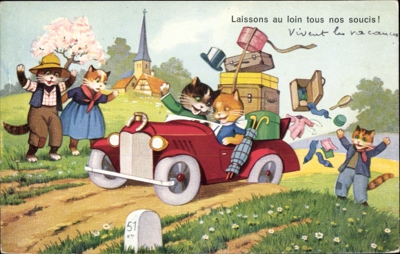 Postcard Vermenschlichte Katzen im Automobil, Gepäck, Let&#39;s leave all no worries behind