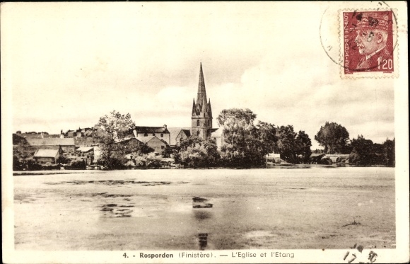 Postcard Rosporden Finistère, l'Eglise, l'Etang