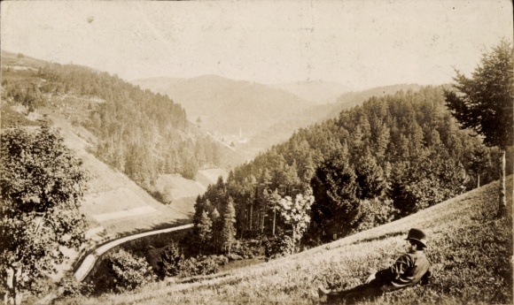 Postcard Man on the meadow, landscape, hill, forest