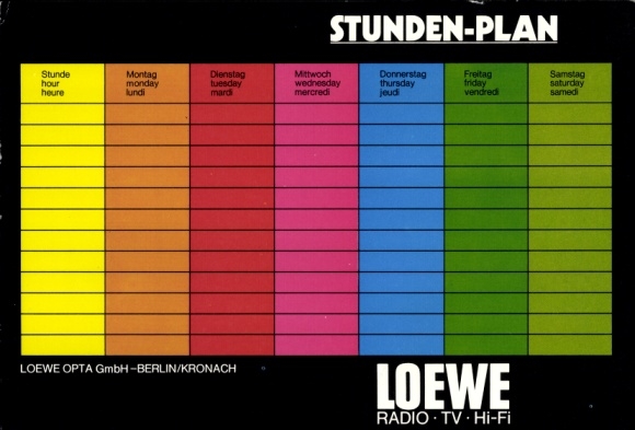 Stundenplan LOEWE Radio TV HI-FI, Berlin, Fernseher CP 42, Loewe Juwel S, QR 320, St 20 um 1970