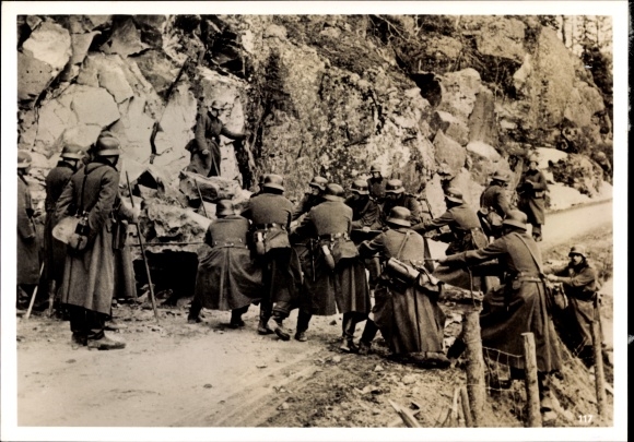 Photo War in Norway, Wehrmacht infantry clears blown road, May 1940