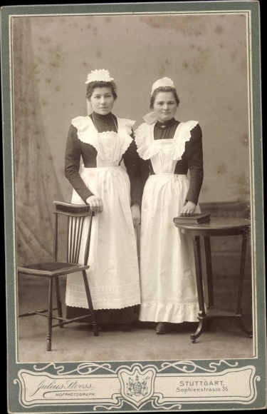 Cabinet Photo Two maids, young women in service uniforms, apron, hood, Mina Herrmann