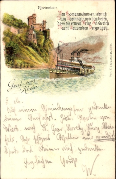 Chromo-Litho Trechtingshausen on the Rhine, Rheinstein Castle, steamer