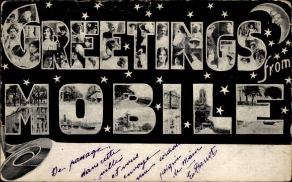 Ansichtkaart Mobile Alabama USA, ansichtkaart met de tekst 'Greetings from Mobile', historisch stadsgezicht...