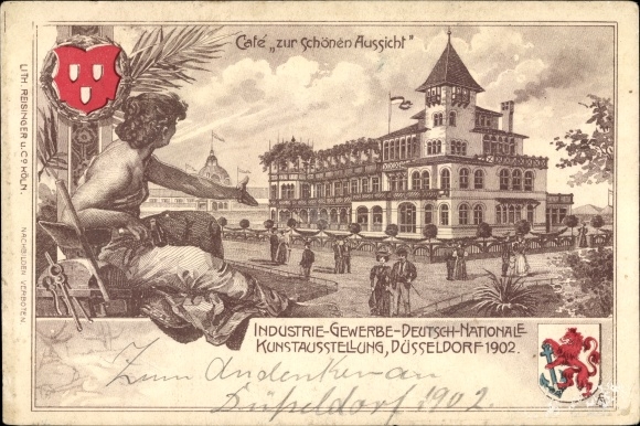 Chromo-Litho Düsseldorf am Rhein, industrial and commercial exhibition in 1902, cafe with a beautiful view