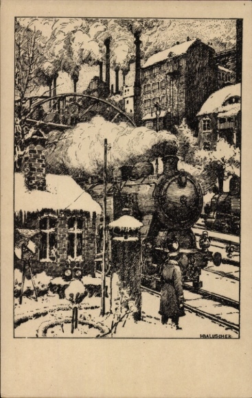 Artists Postcard Baluschek, Hans, Industrie Vorstadt, steam locomotive, calendar art and life