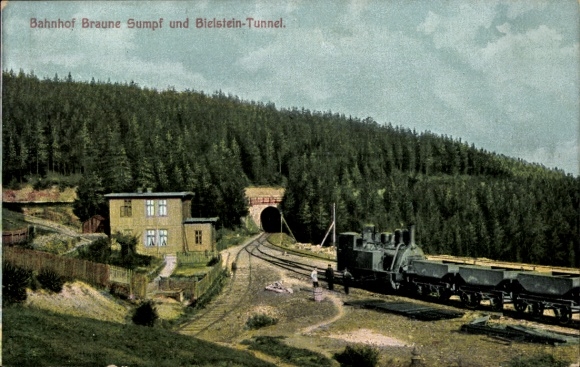 Postcard Blankenburg am Harz, Braune Sumpf station and Bielstein tunnel, Harz rack railway
