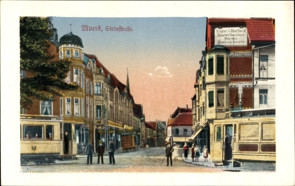 PC Moers, view of Steinstrasse, Krüger and Oberbeck imports, tram