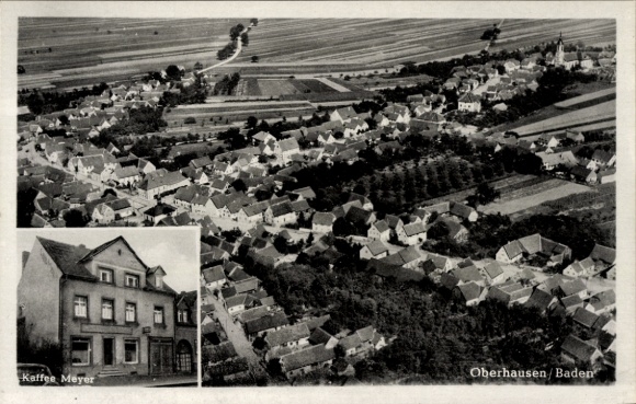 Postcard Oberhausen Rheinhausen am Rhein Baden, aerial photograph, Cafe Meyer
