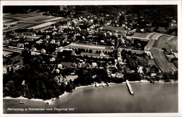 Postcard Herrsching am Ammersee, aerial view of Herrsching, Ammersee, residential areas, water, boats
