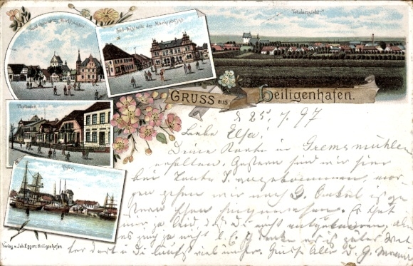 Postcard Ostseebad Heiligenhafen in Holstein, total view, harbor, market square