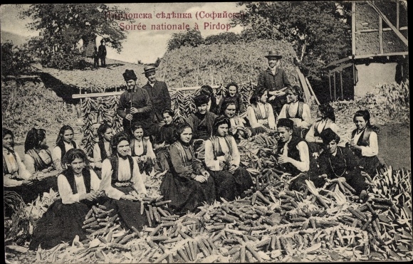 Postcard Pirdop Bulgaria, National Soiree, people in traditional costumes, corn on the cob