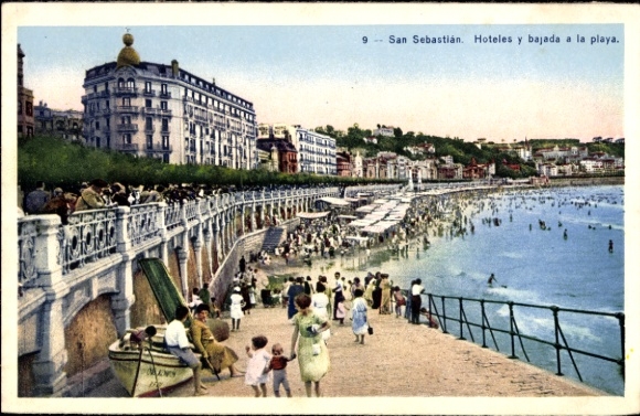 KP Donostia San Sebastian Kraj Basków, promenada plażowa, hotele, tłum, plaża