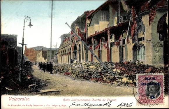 Ak Valparaíso Chili, Calle Independencia, Cuartel de Policia, vernietiging na de aardbeving van 1906