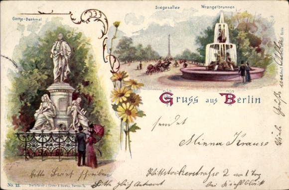 Postwaardestuk ansichtkaart Berlijn Tiergarten, Goethemonument, Siegesallee, Wrangelbrunnen