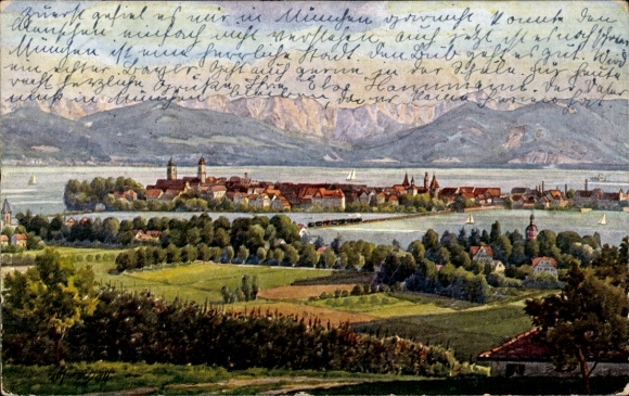 Artist Postcard Marschall, V., Lindau am Bodensee Swabia, Panorama