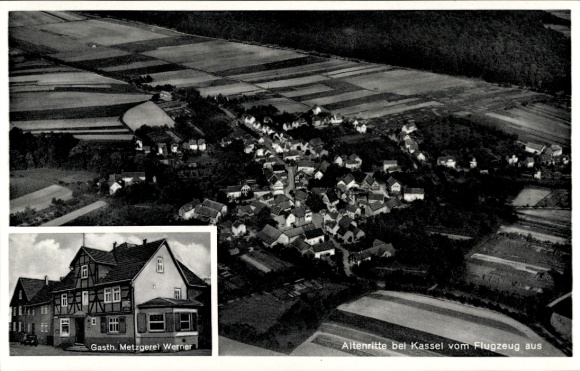Postcard Altenritte Altenridde Baunatal Hesse, aerial photograph, Gasthaus Metzgerei Werner