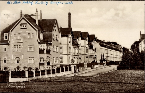 Postcard Zwönitz in the Ore Mountains of Saxony, front view of buildings, from Otto-Straße