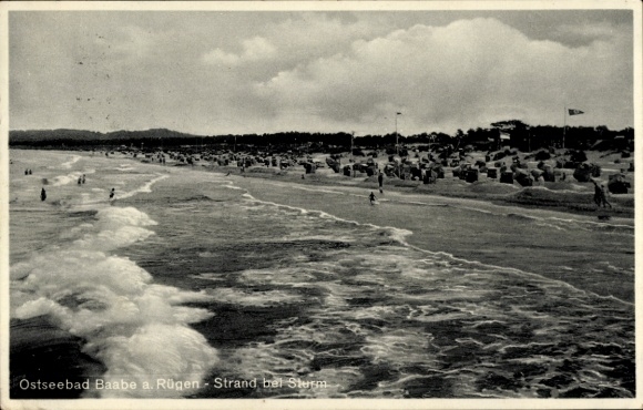 Postcard Baltic Sea resort Baabe on Rügen, beach during storm