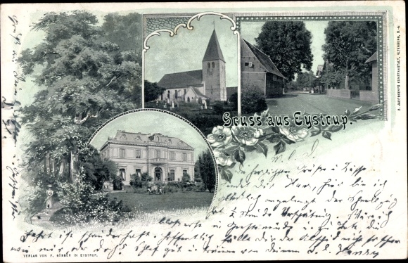Postcard Eystrup in Lower Saxony, church, castle, street area