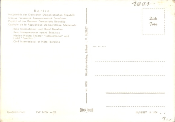 Postcard Berlin Friedrichshain, Kino International and Hotel Berolina
