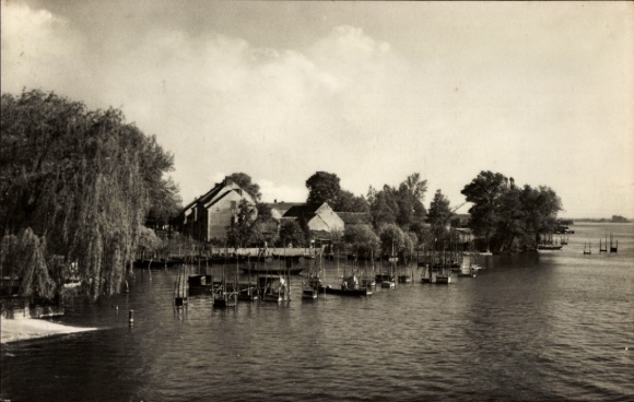 Postcard Plaue Brandenburg an der Havel, water landscape, fishing port, buildings, boat dock