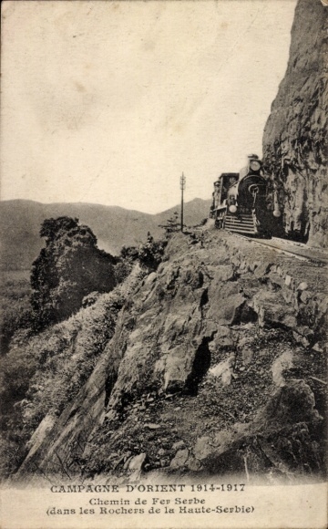 Postcard Haute Serbia, Chemin de Fer Serbe, dans les Rochers, railway