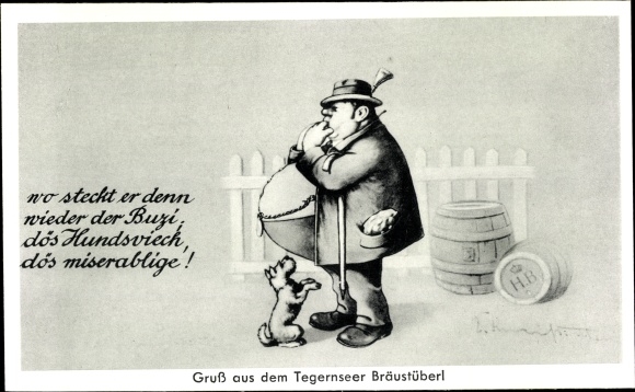 Artist PC Kneiss, Tegernsee in Upper Bavaria, Bräustüberl, man with a big belly is looking for his dog
