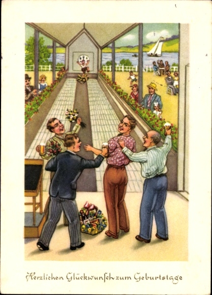 Postcard Happy Birthday, men at the bowling alley, flowers