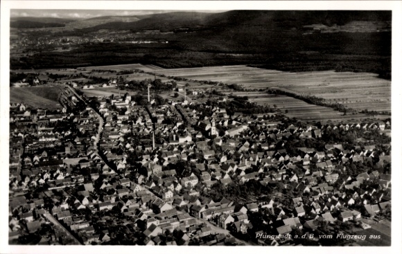 Postcard Pfungstadt Hessen, aerial view of houses, fields, church, from airplane view