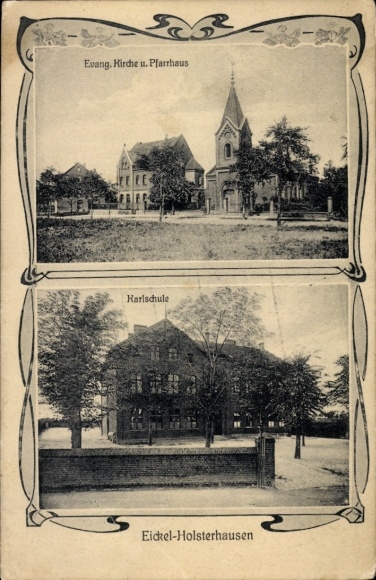 Passepartout Ak Eickel Holsterhausen Herne Ruhrgebiet, Ev. Kirche, Pfarrhaus, Karlschule