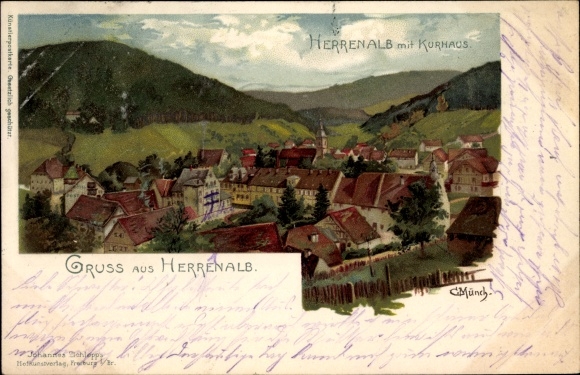 Artist Chromo-Litho Münch, C., Bad Herrenalb in the Black Forest, Kurhaus, village with a view of the landscape