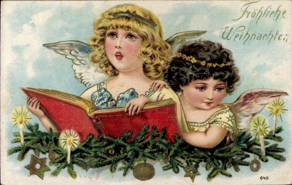 Reliëf ansichtkaart Vrolijk Kerstfeest, zingende engelen