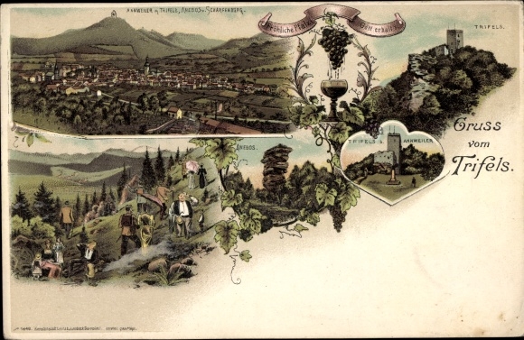 Chromo-Litho Annweiler am Trifels Palatinate, Trifels Castle, grapes, wine glass