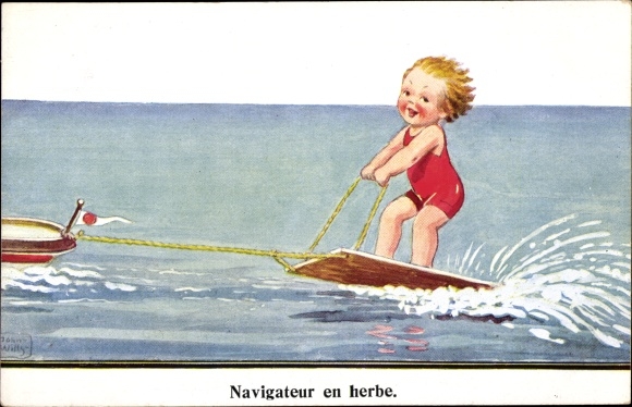 Artist PC Wills, John, Child in a bathing suit on a board, water skiing