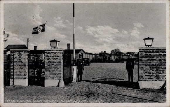 Postcard Berlin Treptow Adlershof, Aviation School, Rudower Chaussee, main entrance, camp guard