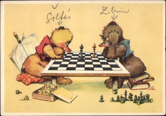 Postcard Will the wiser one give in, Two anthropomorphized bears play chess