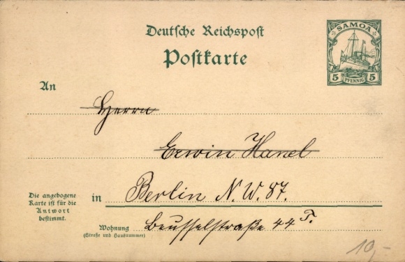 Postal stationery Postcard Samoa, 5 Pfennig, German Reichspost