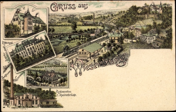 litho Wiesenburg Wildenfels Erzgebirge, landhuis, waterwerken, restauratie b.v. Muldenbrücke, treinstation