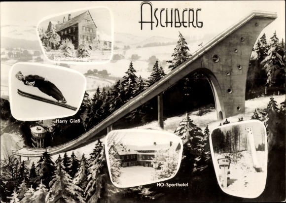 Postcard Aschberg Klingenthal in Vogtland Saxony, Great Aschberg Schanze, Harry Glass, HO Sporthotel