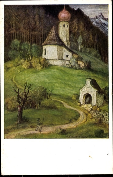 Artist PC Schiestl, Matthäus, landscape with church, mountain chapel