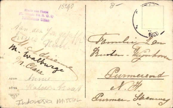 Postcard Indonesia, Dutch missionary on his way to pagan villages, pony