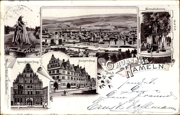 litho Hameln in Nedersaksen, rattenvanger, trouwhuis, Gertrudenbrunnen, rattenvangerhuis