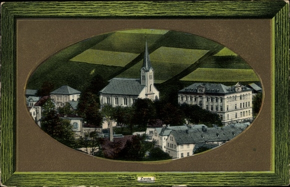 Reliëf passepartout ansichtkaart Zwota Klingenthal in Vogtland Sachsen, stadsgezicht, huizen, velden, kerk