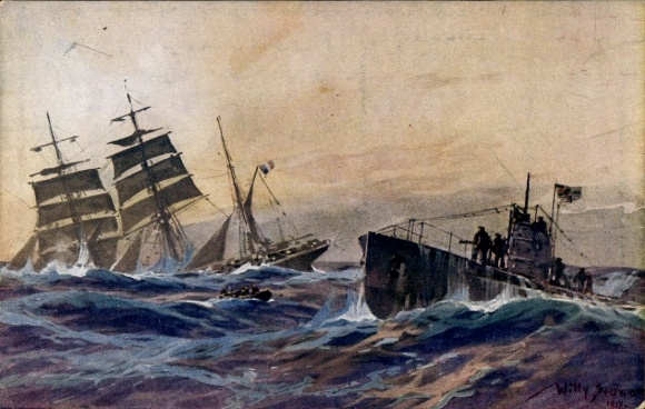 Artist Postcard Stöwer, Willy, German U-boat sinks French barque, Atlantic, U-boat donation 1917