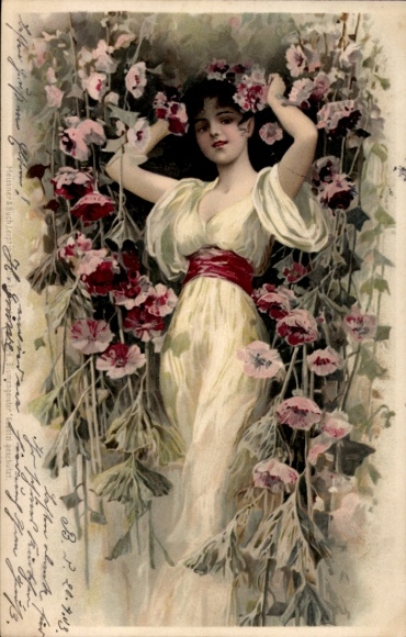 Jugendstil Litho Frau zwischen Blumen, Meissner & Buch